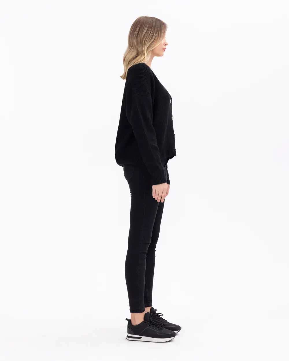 Button-Detailed Waist-Length Knit Cardigan