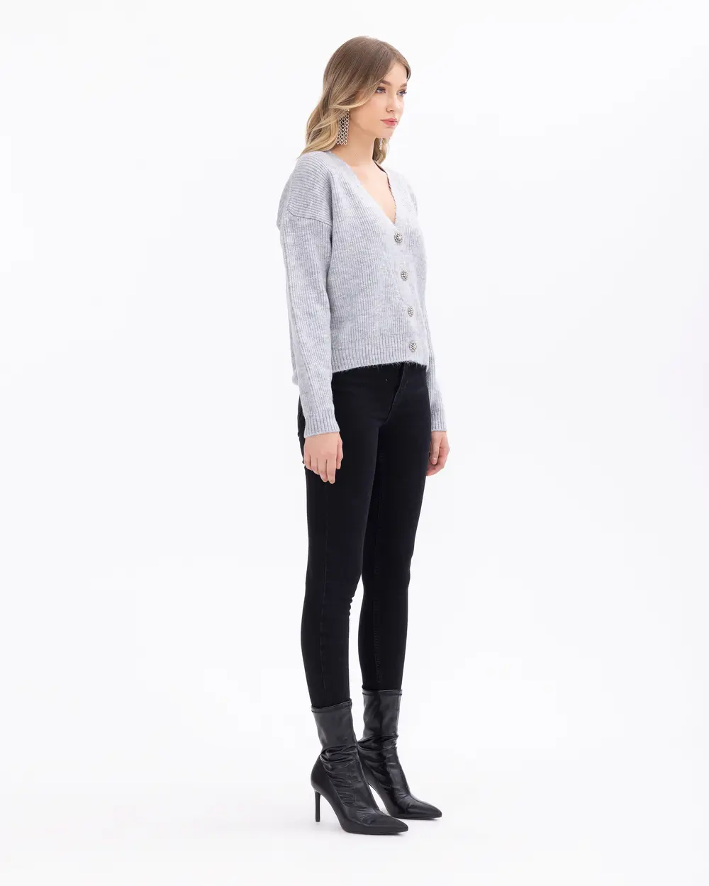 Button-Detailed Waist-Length Knit Cardigan