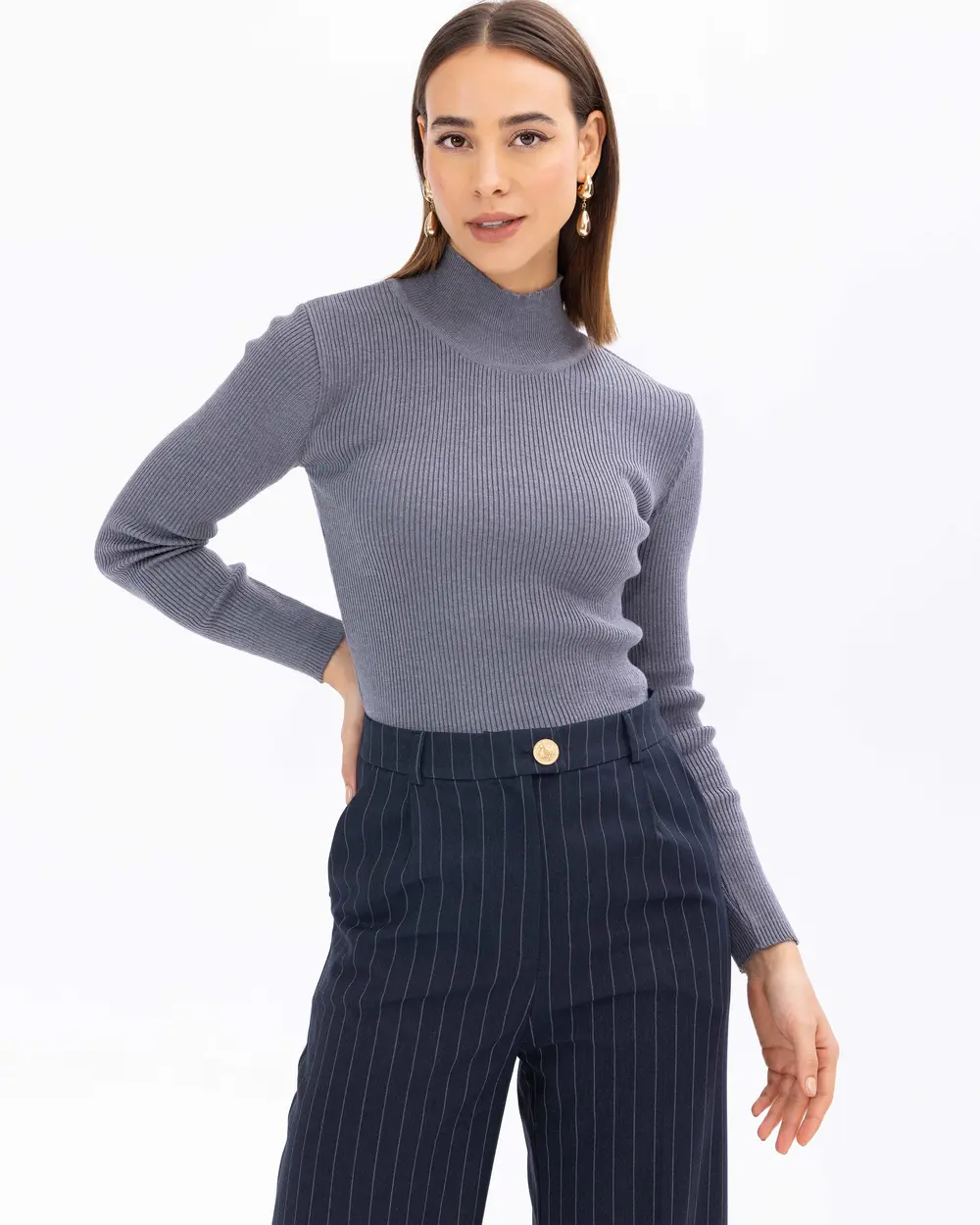 High-Necked Ribbed Knit Blouse