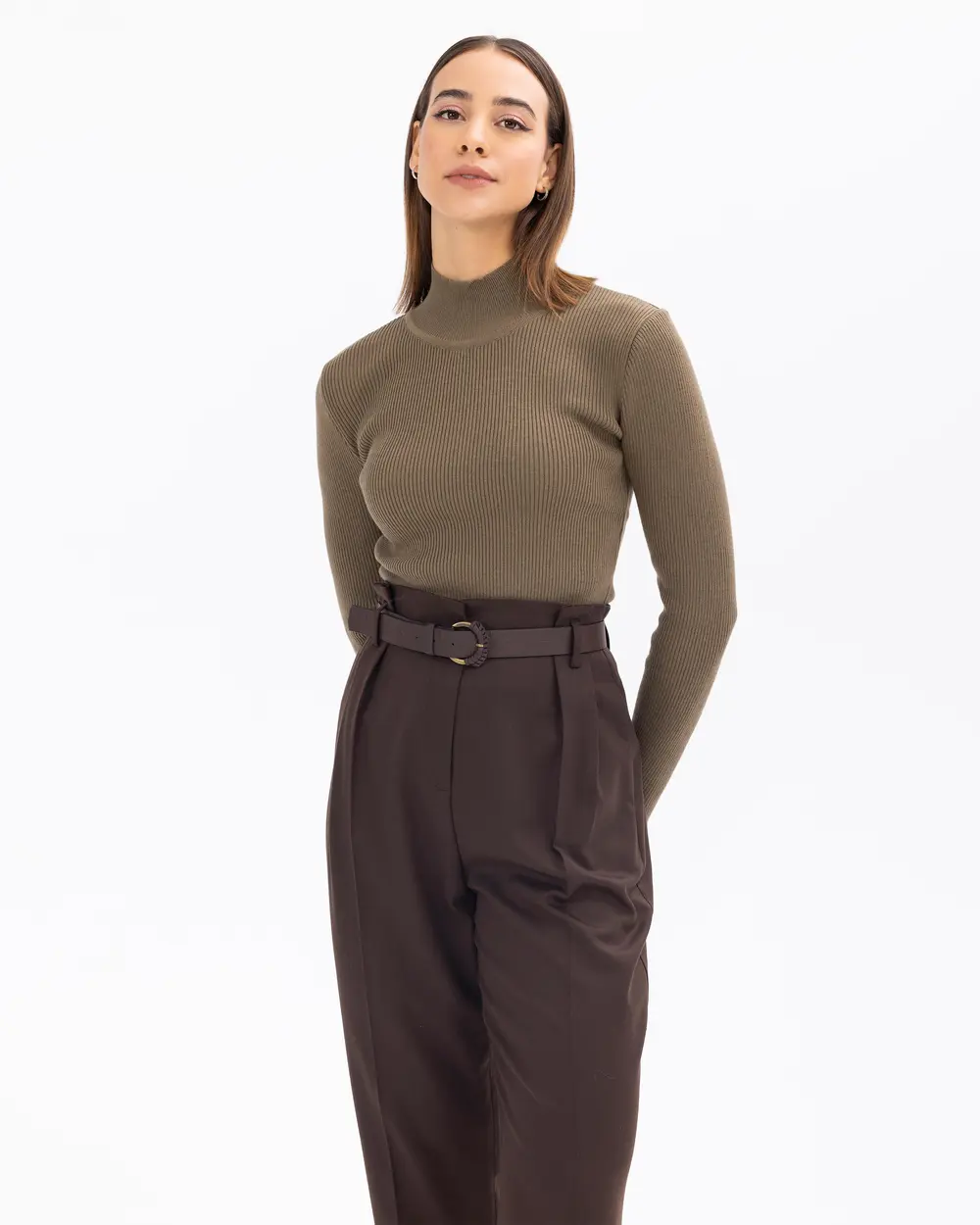 High-Necked Ribbed Knit Blouse