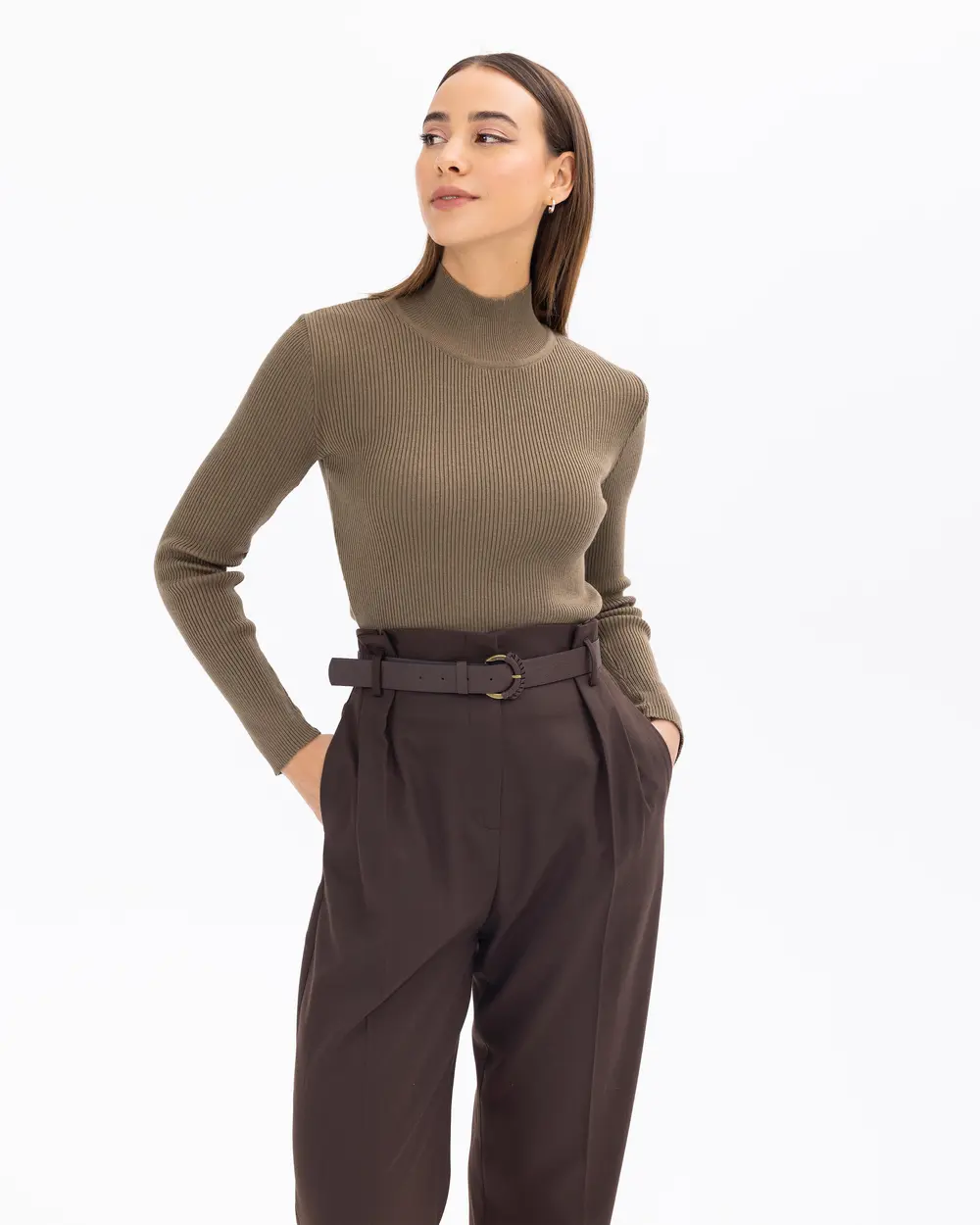 High-Necked Ribbed Knit Blouse