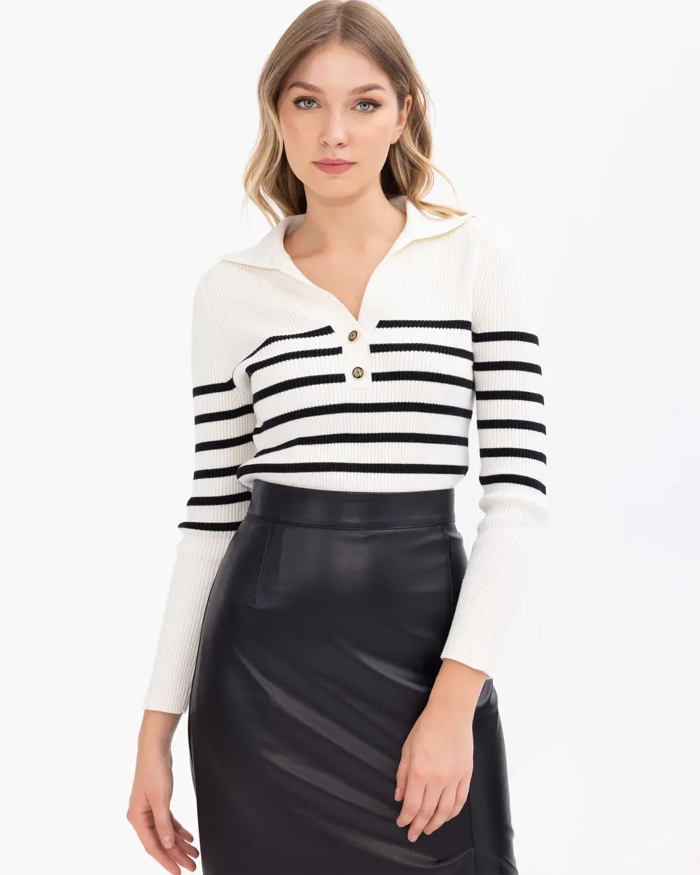 Striped Button-Detail V-Neck Knit Blouse