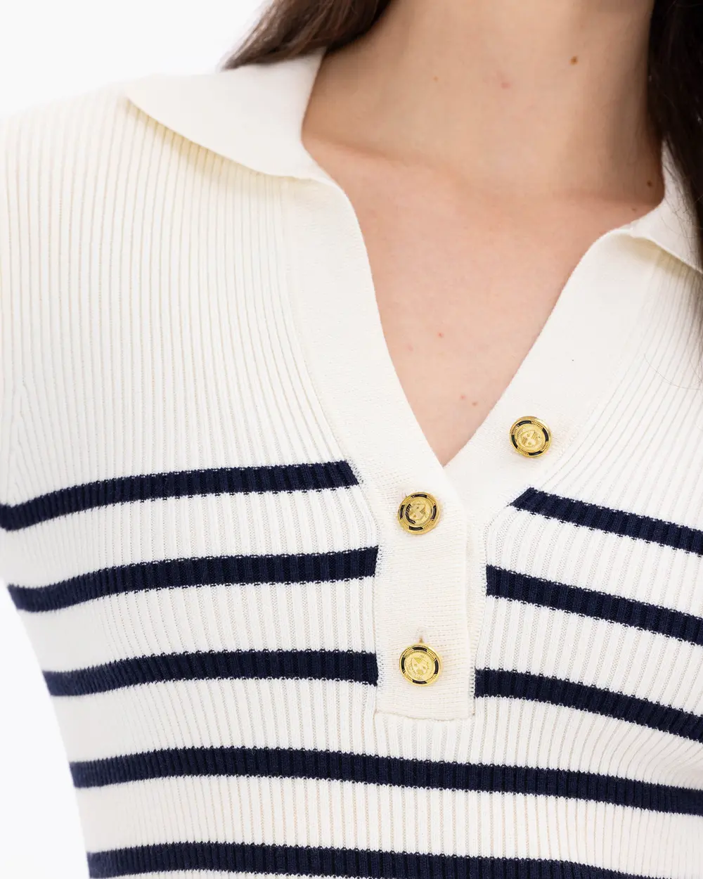 Çizgili Düğme Detaylı V Yakalı Triko Bluz