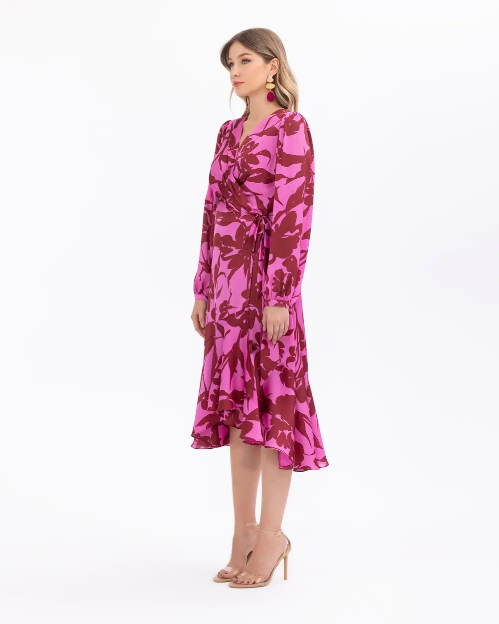 Desenli Kruvaze Yakalı Midi Boy Elbise