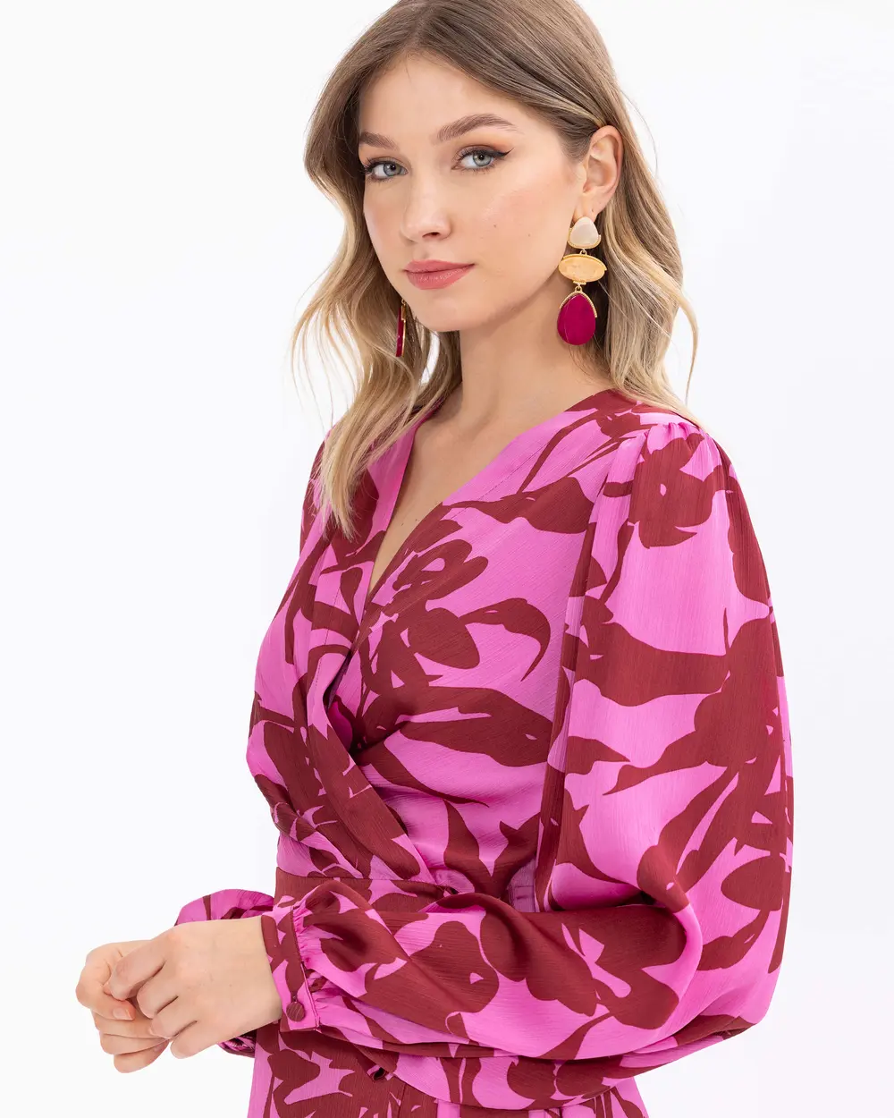 Desenli Kruvaze Yakalı Midi Boy Elbise