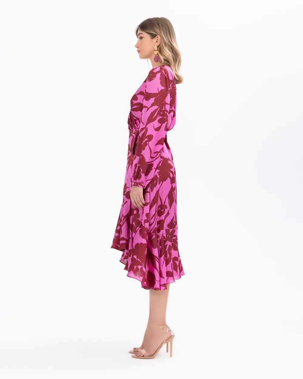 Desenli Kruvaze Yakalı Midi Boy Elbise