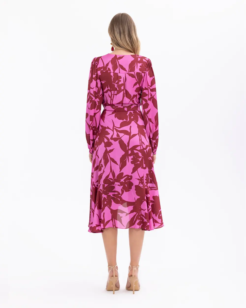 Desenli Kruvaze Yakalı Midi Boy Elbise