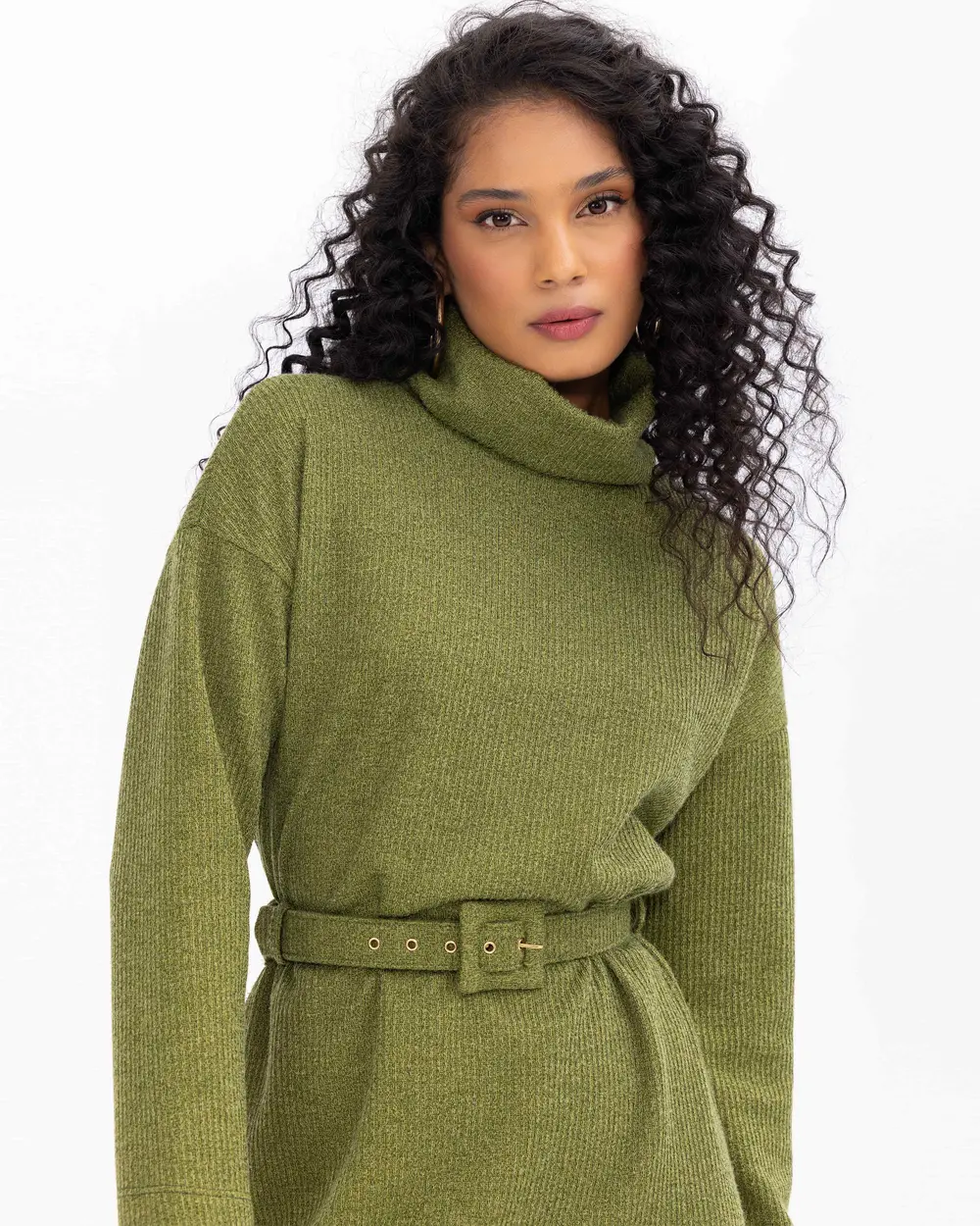 Dik Yaka Örme Kumaş Kemerli Elbise