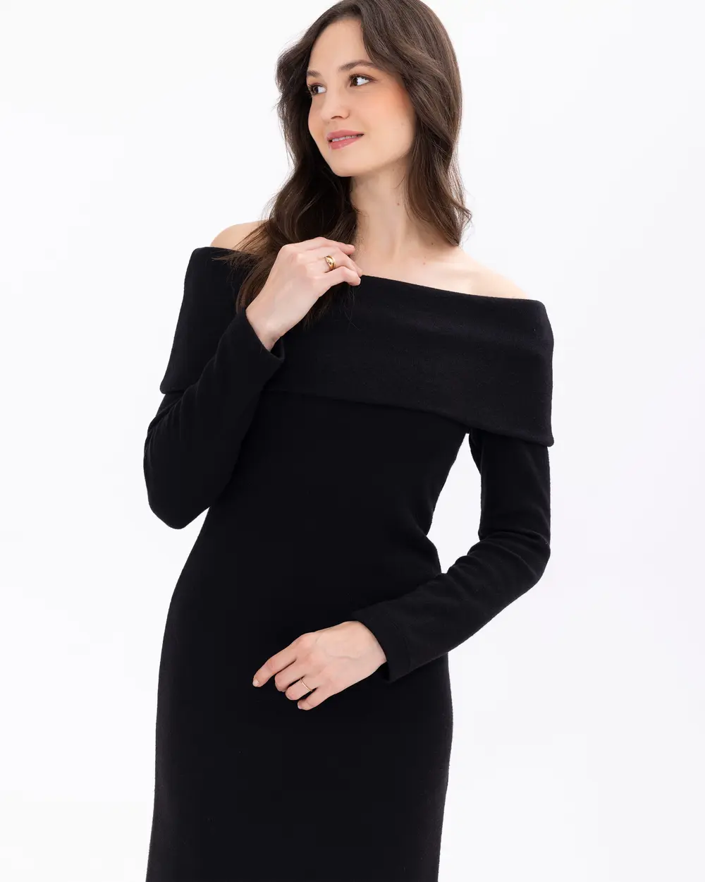 Devrik Yakalı Dar Form Midi Boy Elbise