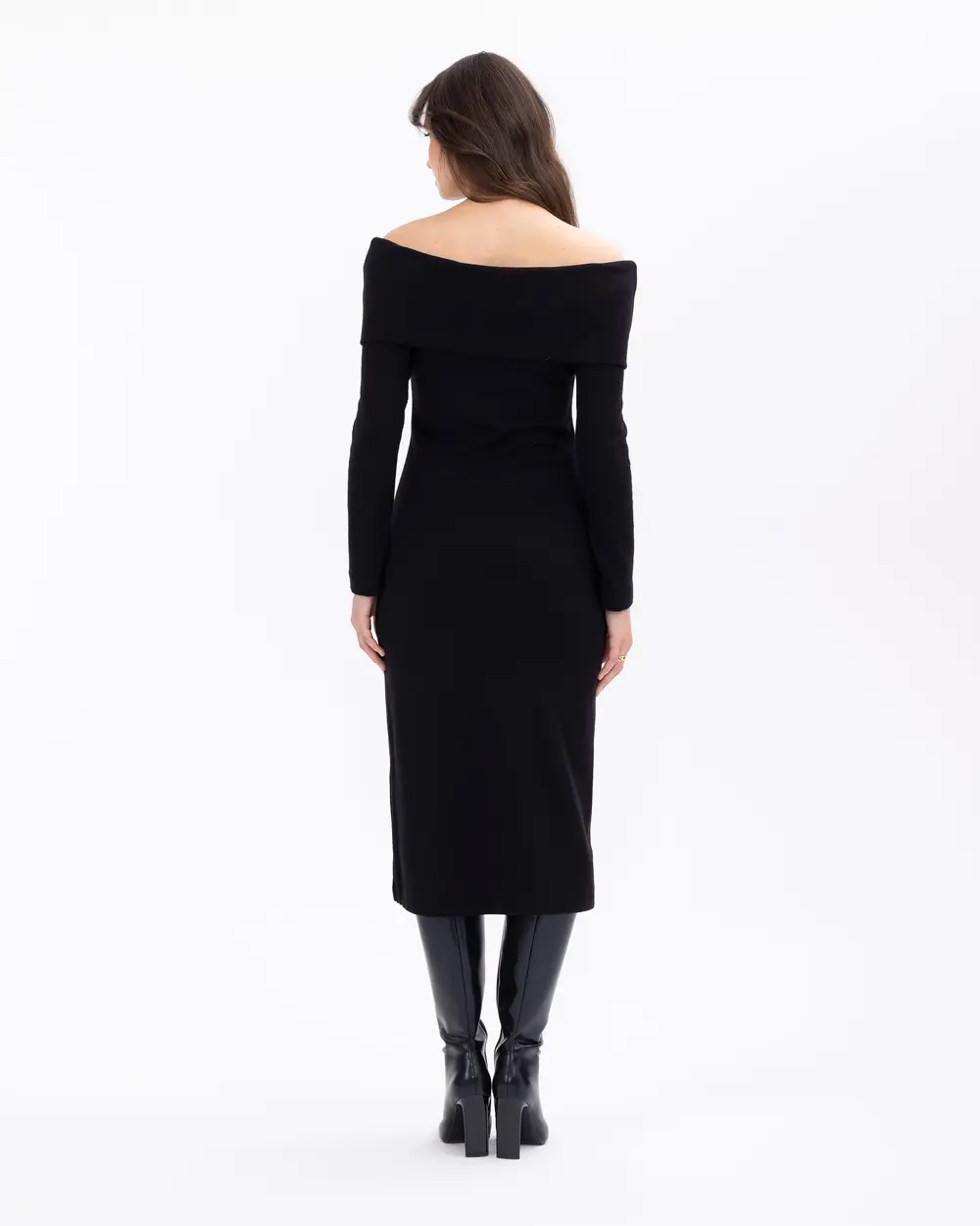 Devrik Yakalı Dar Form Midi Boy Elbise