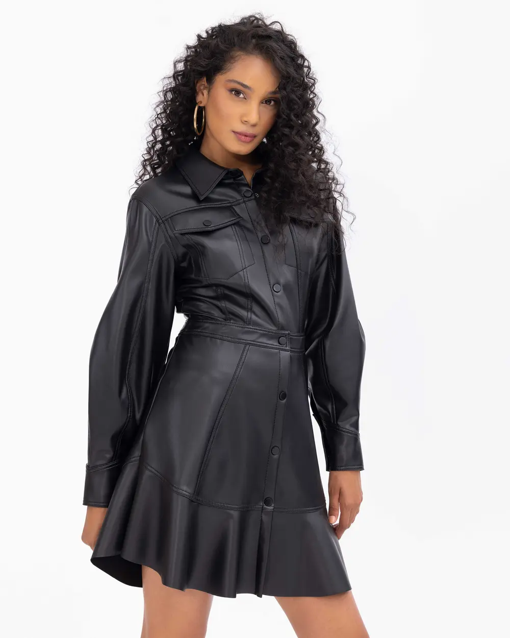 Suni Deri Volanlı Gömlek Yaka Elbise