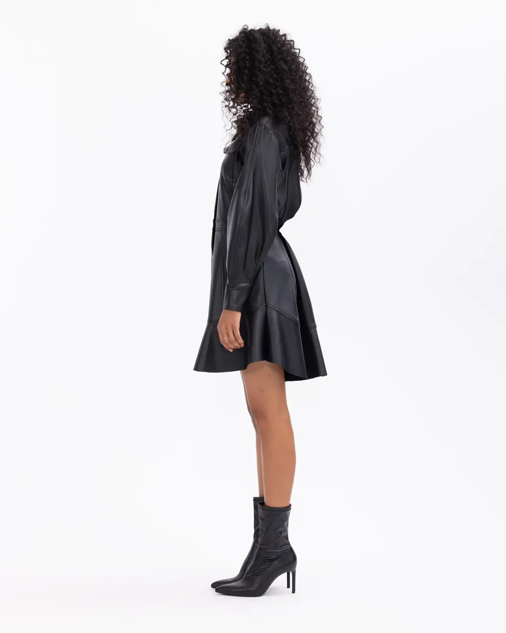 Suni Deri Volanlı Gömlek Yaka Elbise