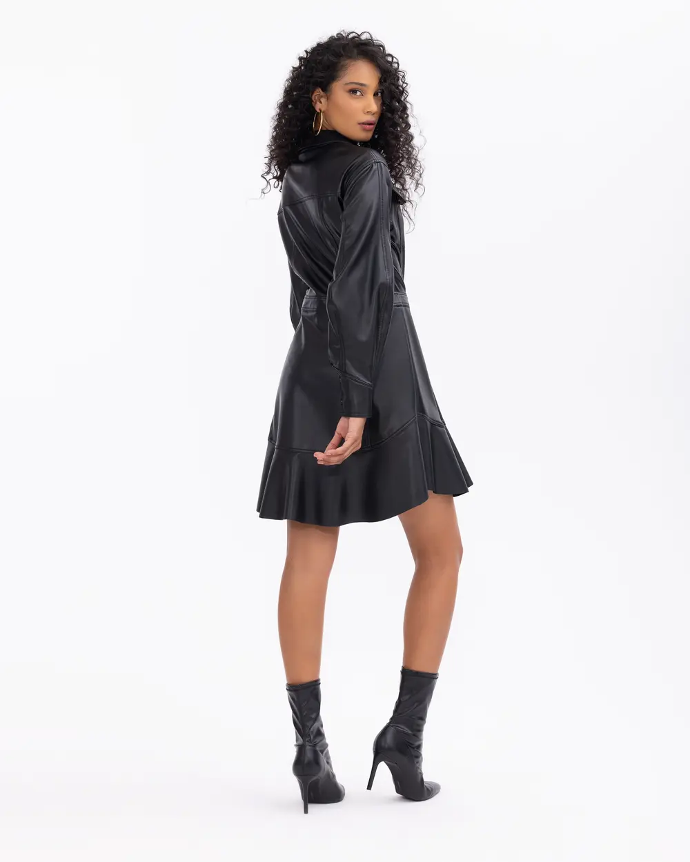 Suni Deri Volanlı Gömlek Yaka Elbise