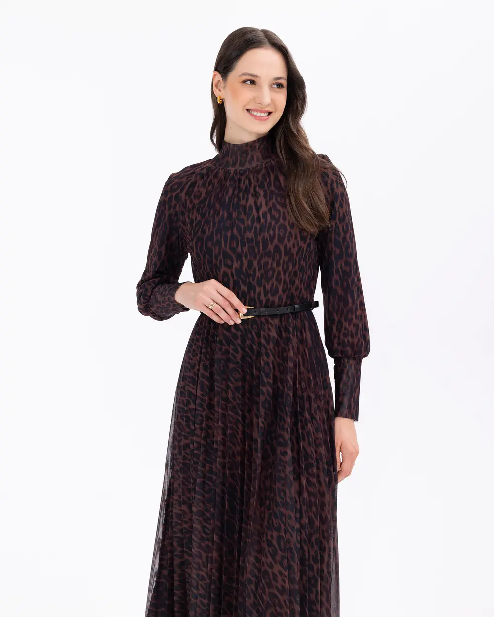 Leopar Desen Kemerli Elastik Bel Elbise