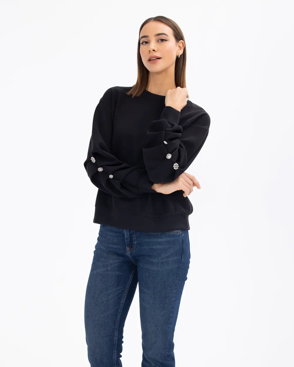 Round Neck Waist Length Sweatshirt with Sleeve Detail