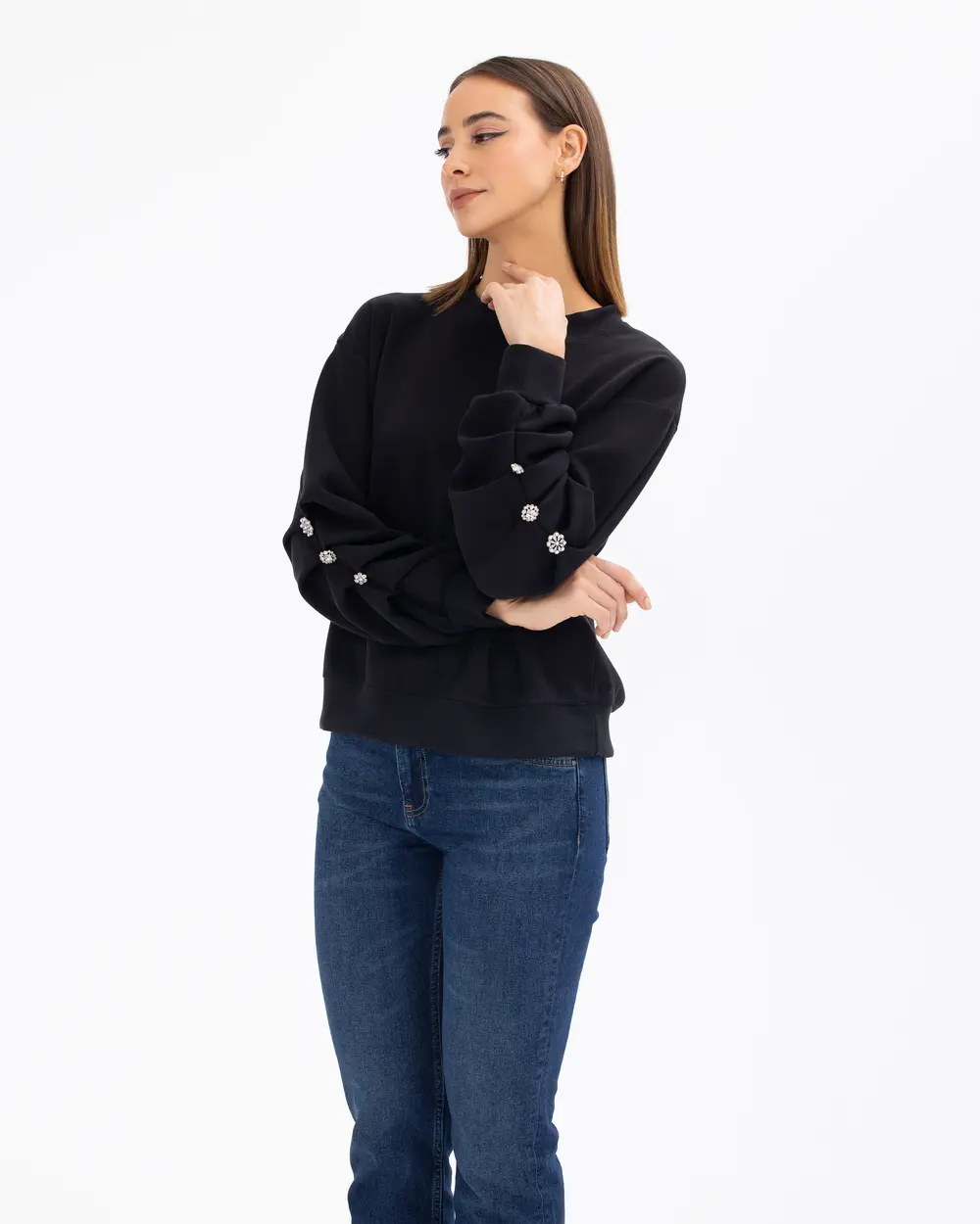 Round Neck Waist Length Sweatshirt with Sleeve Detail