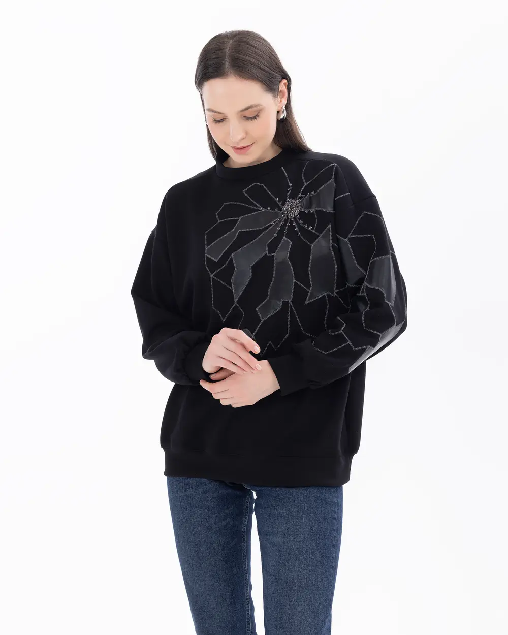 Stone Embroidered Crew Neck Sweatshirt with Embroidery Detail