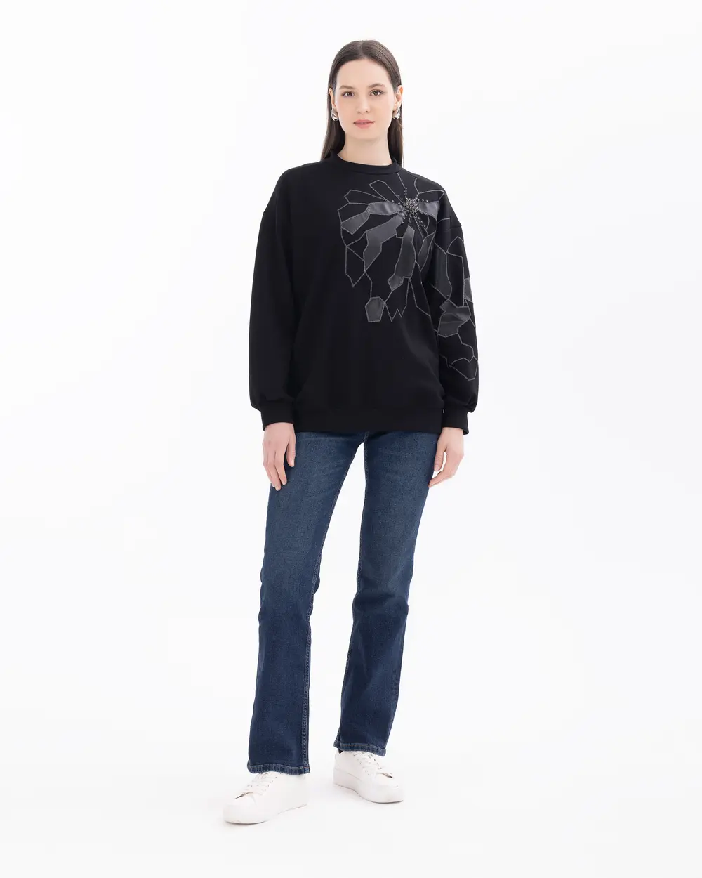 Stone Embroidered Crew Neck Sweatshirt with Embroidery Detail