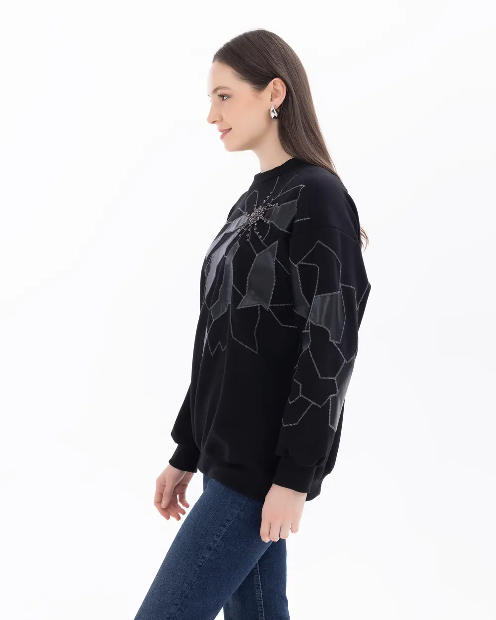 Stone Embroidered Crew Neck Sweatshirt with Embroidery Detail