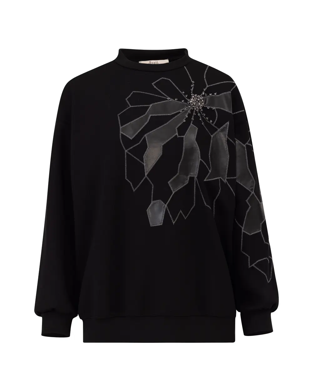 Stone Embroidered Crew Neck Sweatshirt with Embroidery Detail