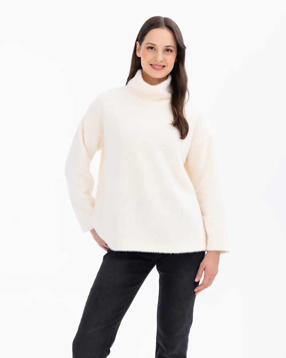 Straight Collar Knitwear Look Wide Cut Blouse