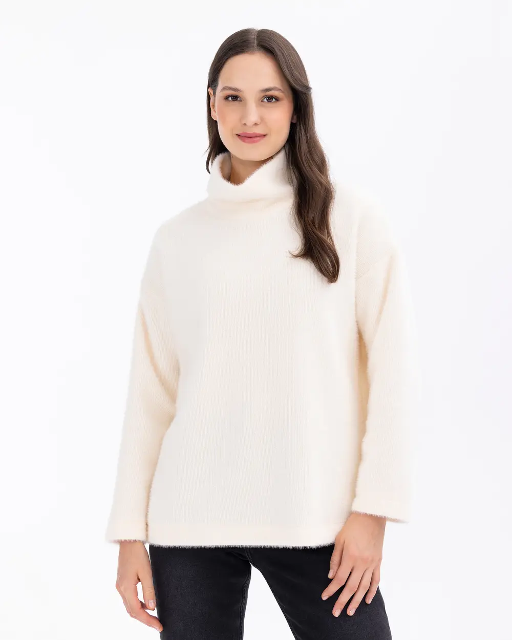 Straight Collar Knitwear Look Wide Cut Blouse