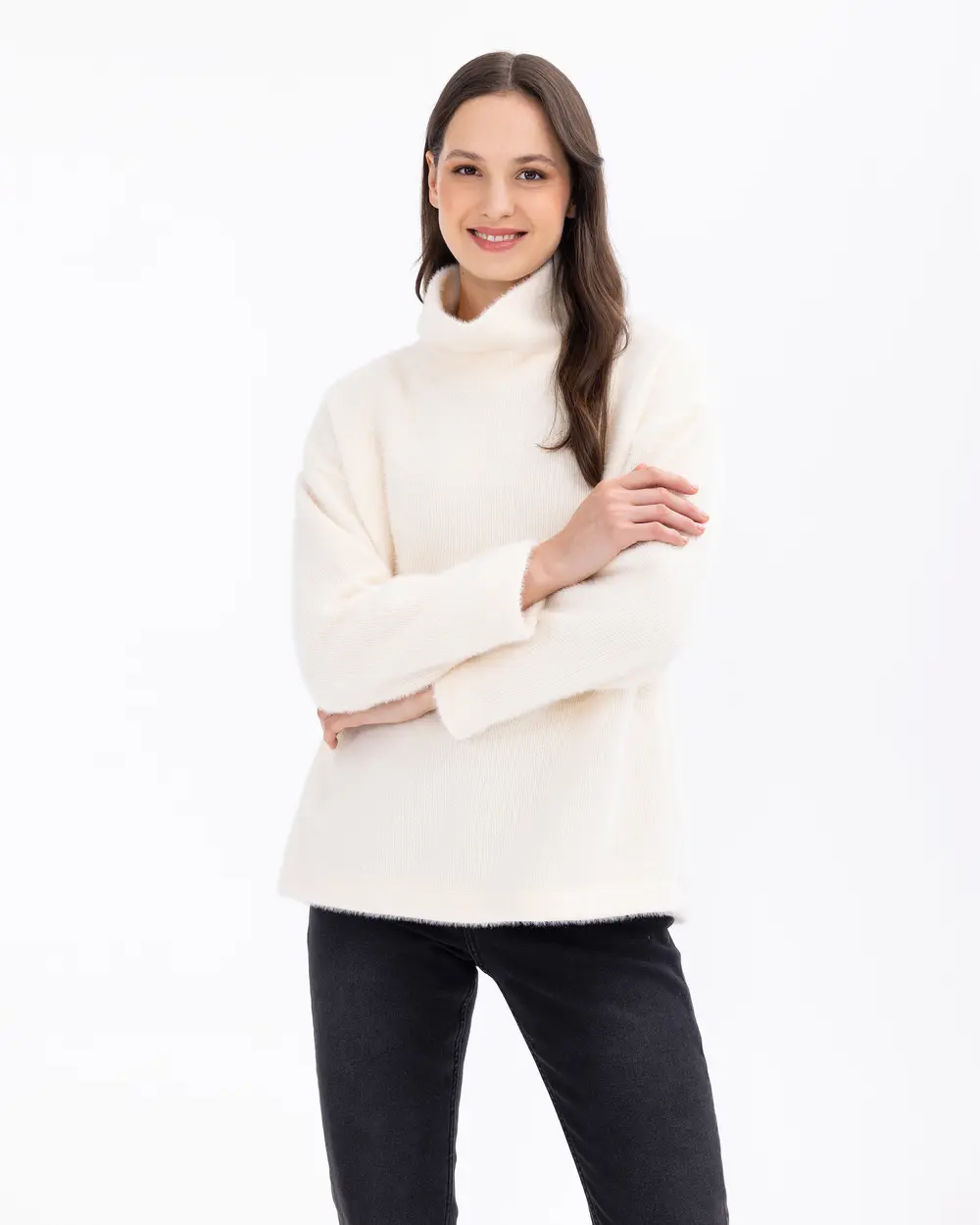 Straight Collar Knitwear Look Wide Cut Blouse
