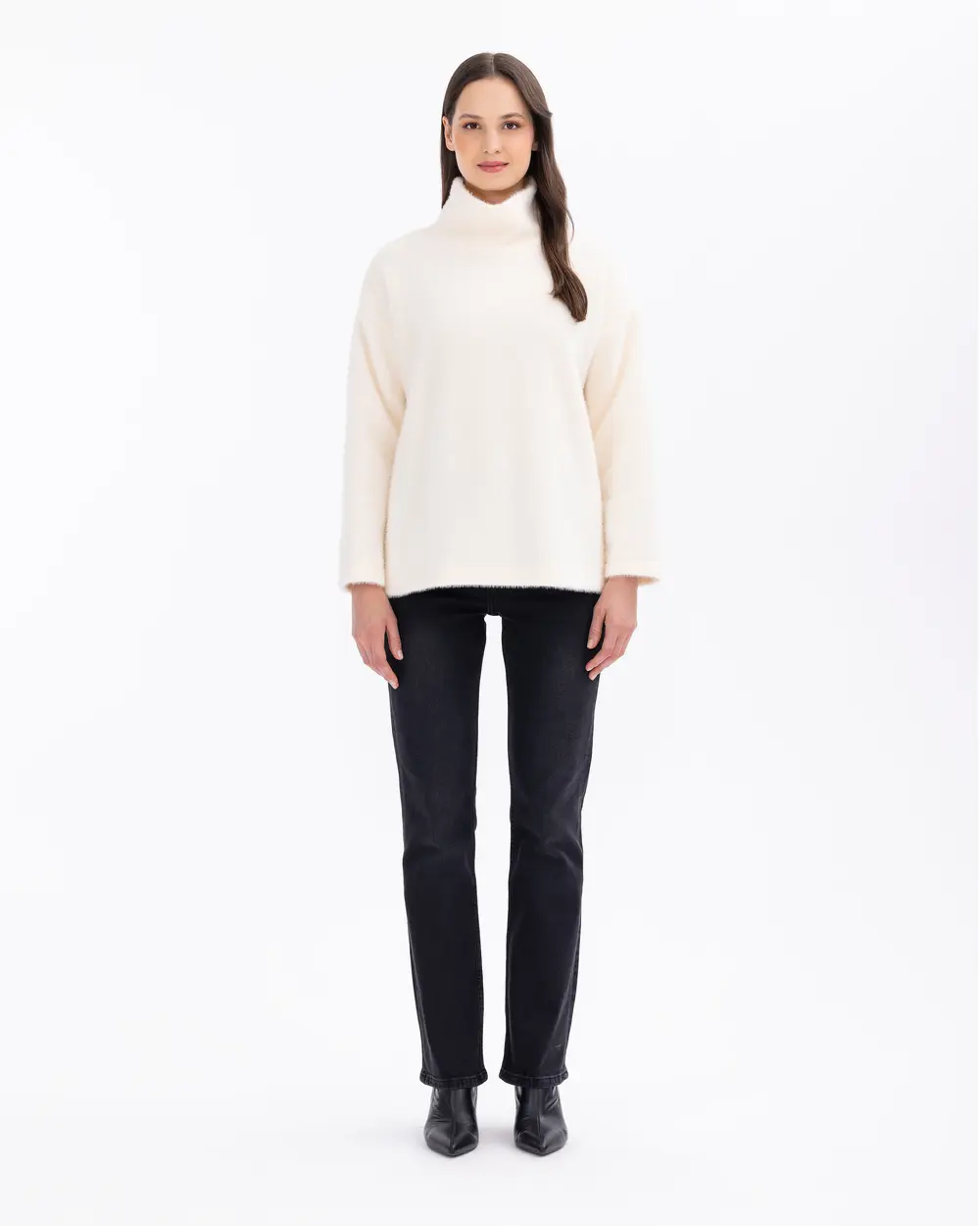 Straight Collar Knitwear Look Wide Cut Blouse