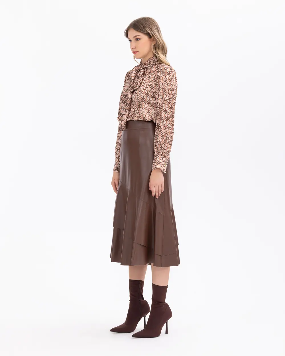 Patterned Scarf Collar Long Sleeve Blouse