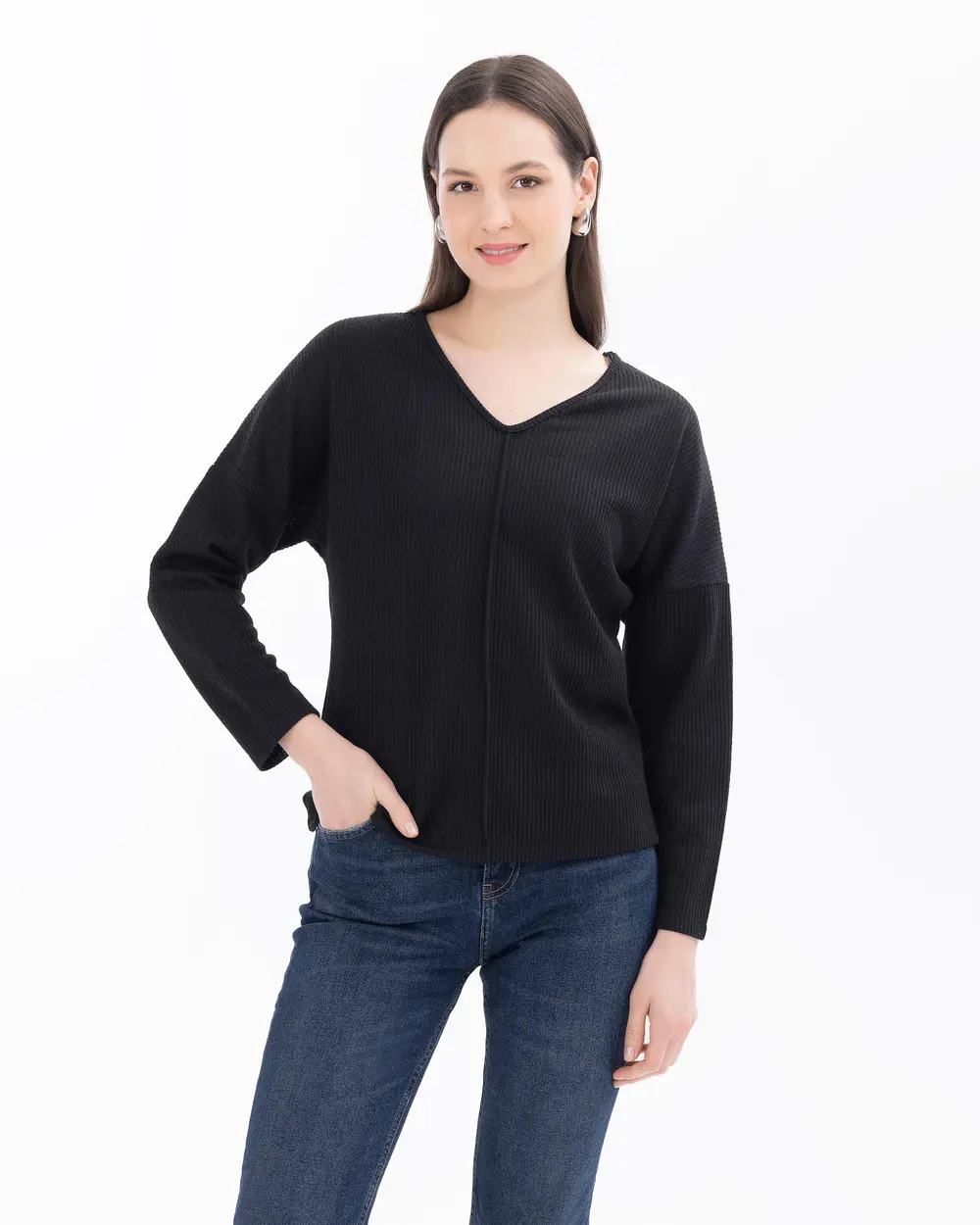 Knitted Fabric V-Neck Long Sleeve Blouse