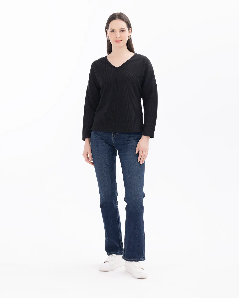 Knitted Fabric V-Neck Long Sleeve Blouse