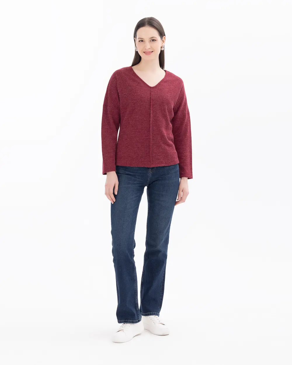 Knitted Fabric V-Neck Long Sleeve Blouse