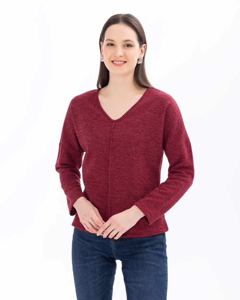 Knitted Fabric V-Neck Long Sleeve Blouse