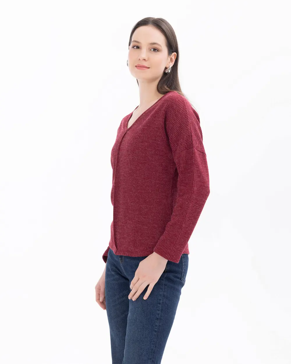 Knitted Fabric V-Neck Long Sleeve Blouse