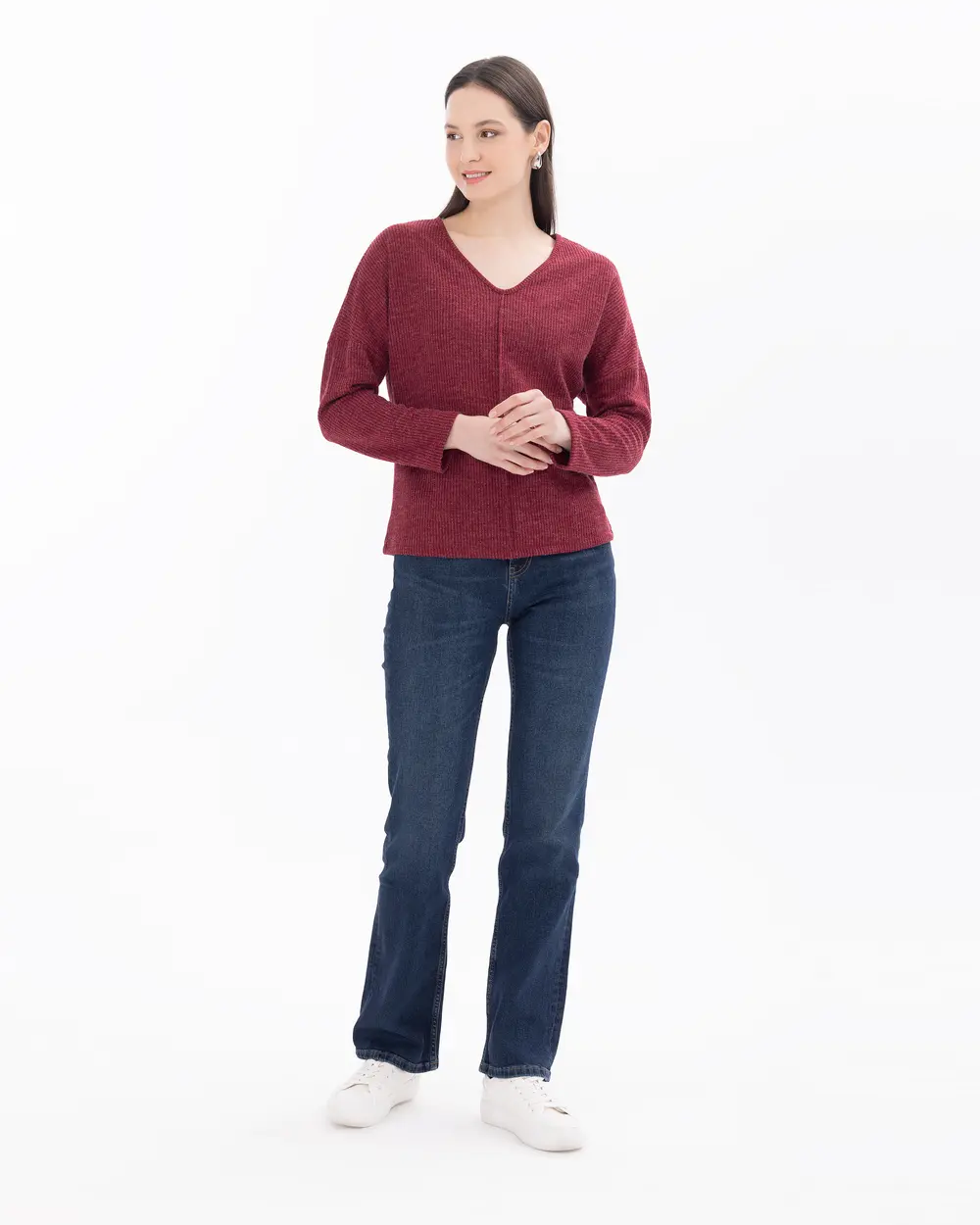 Knitted Fabric V-Neck Long Sleeve Blouse