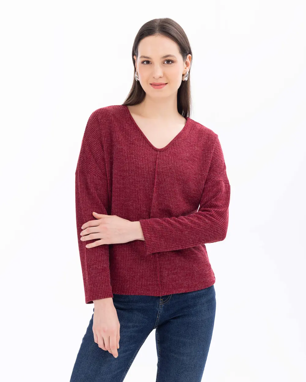 Knitted Fabric V-Neck Long Sleeve Blouse