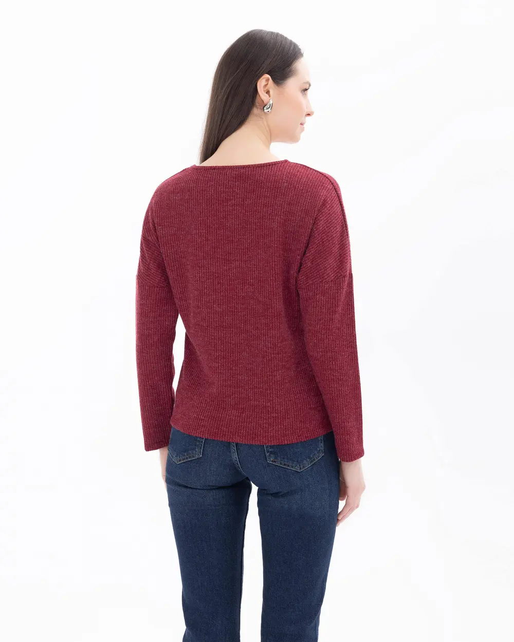 Knitted Fabric V-Neck Long Sleeve Blouse