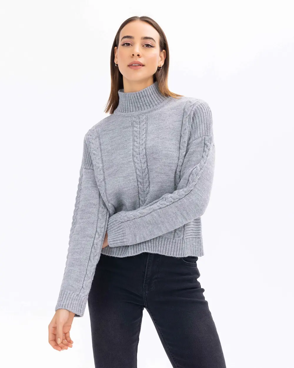 Knitted Detailed High Collar Waist Length Sweater