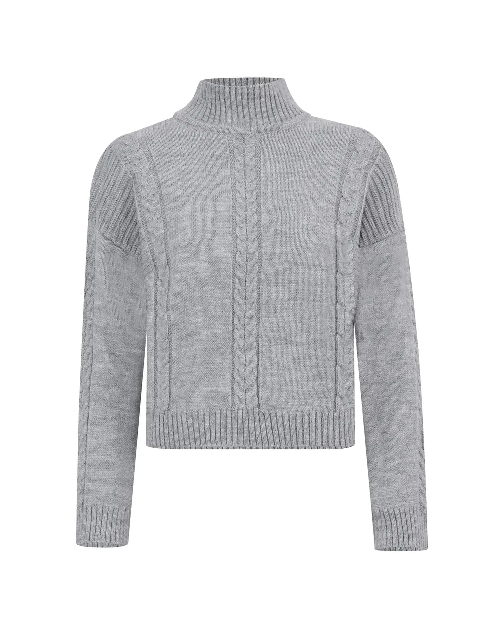 Knitted Detailed High Collar Waist Length Sweater