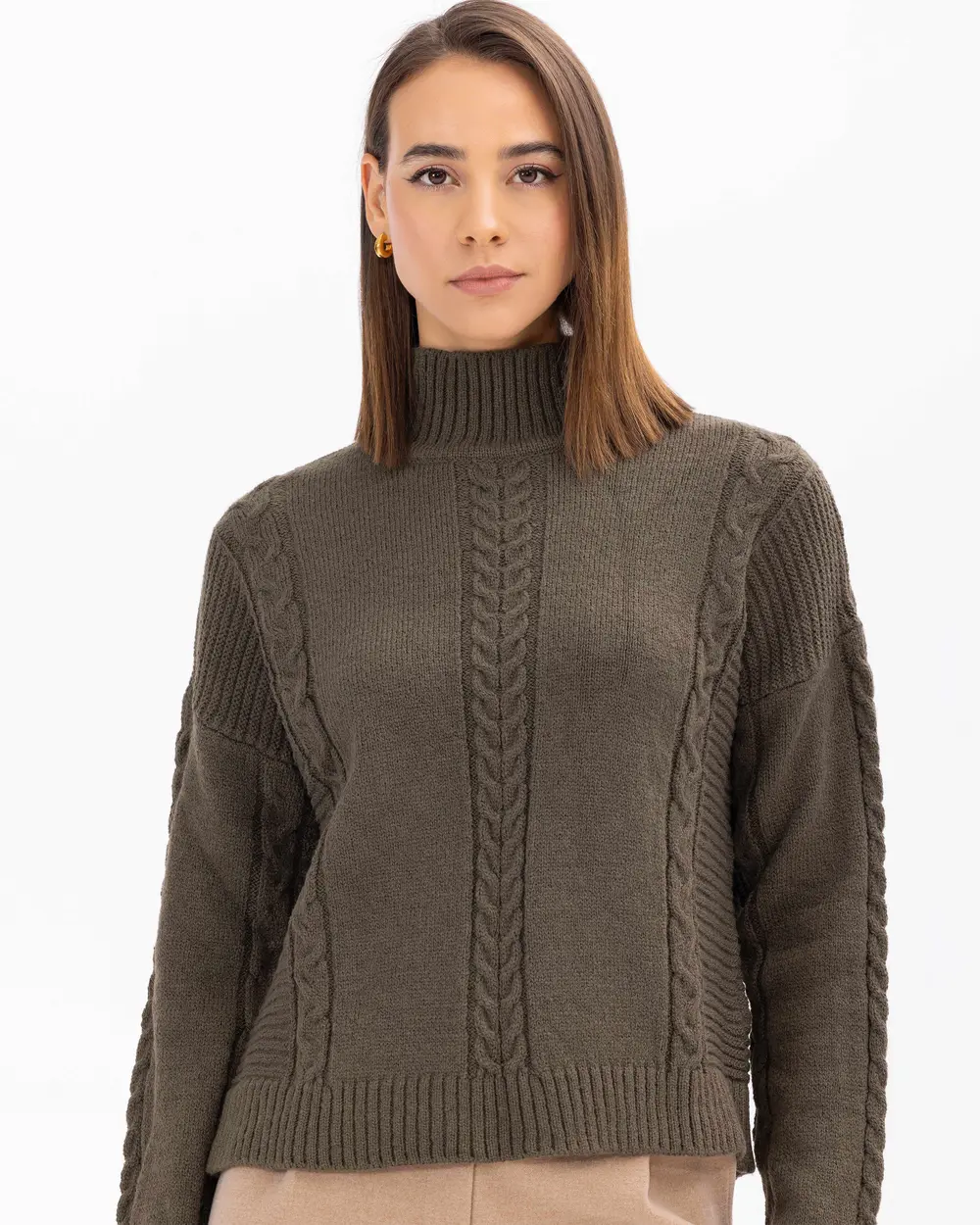 Knitted Detailed High Collar Waist Length Sweater