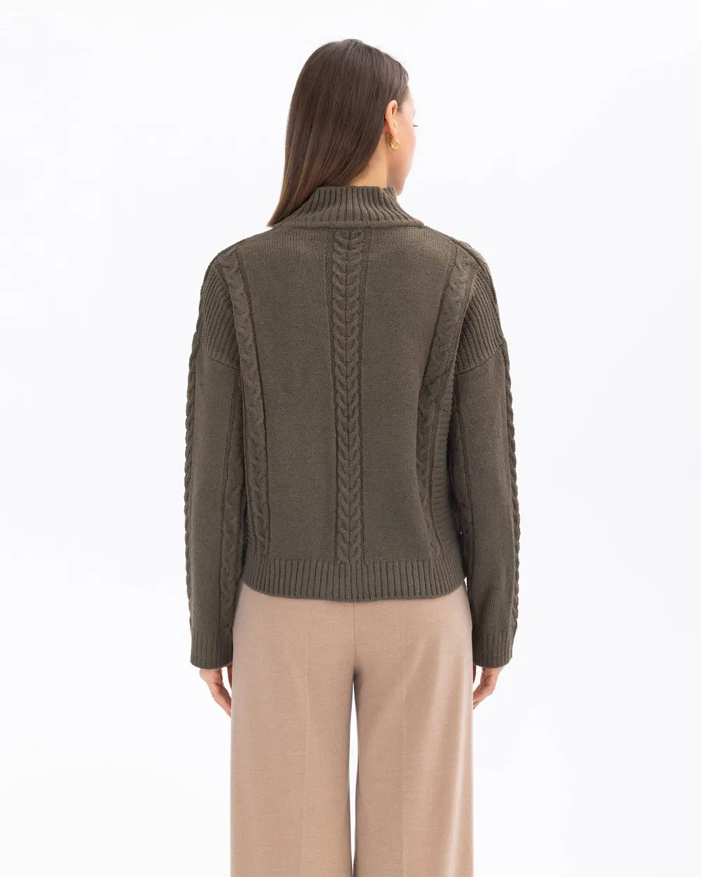 Knitted Detailed High Collar Waist Length Sweater