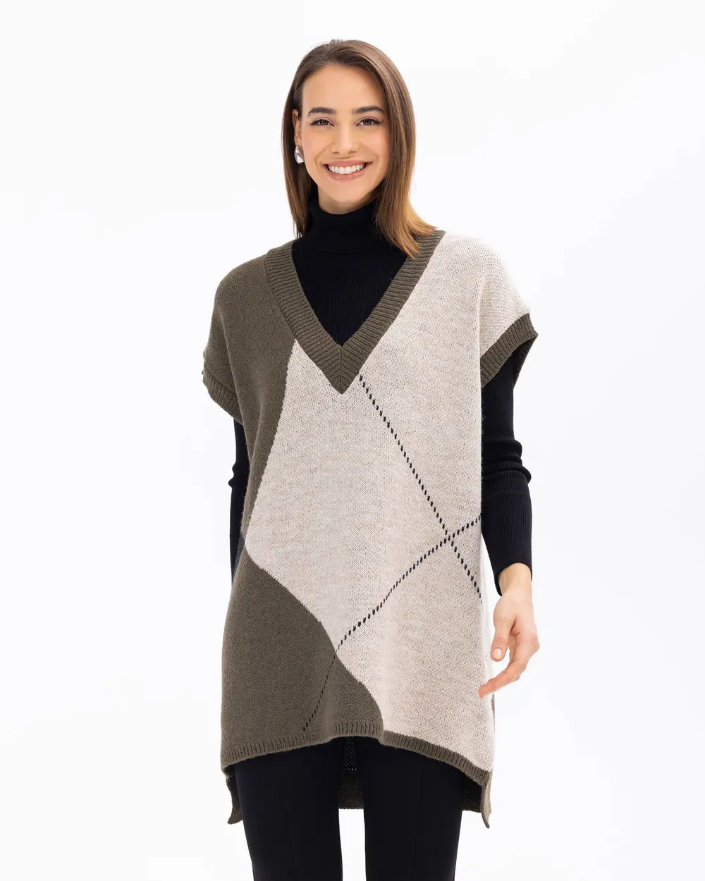 Block Transition V-Neck Oversized Knit Sweater