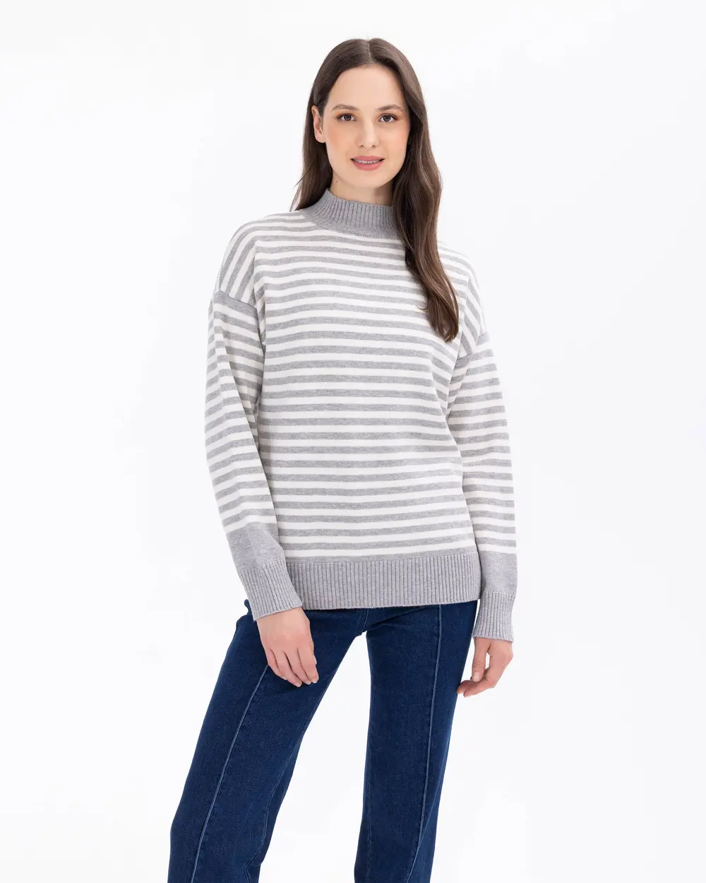 Stripe Patterned High Collar Knitwear Sweater