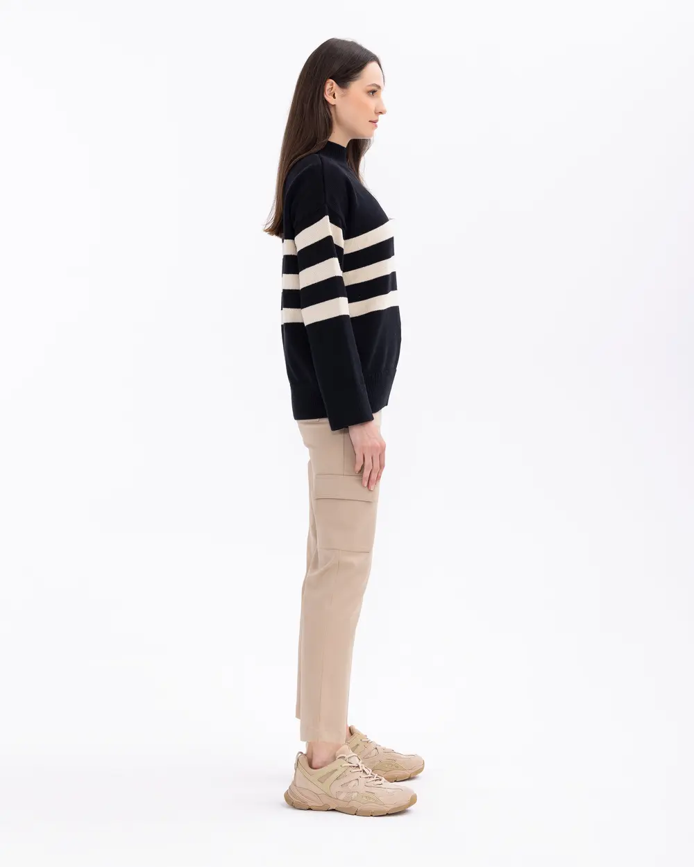 Striped Stand Collar Knit Sweater