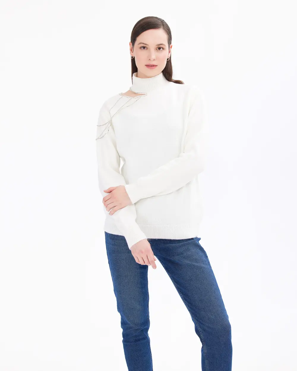 Stone High Collar Knitwear with Window Detail