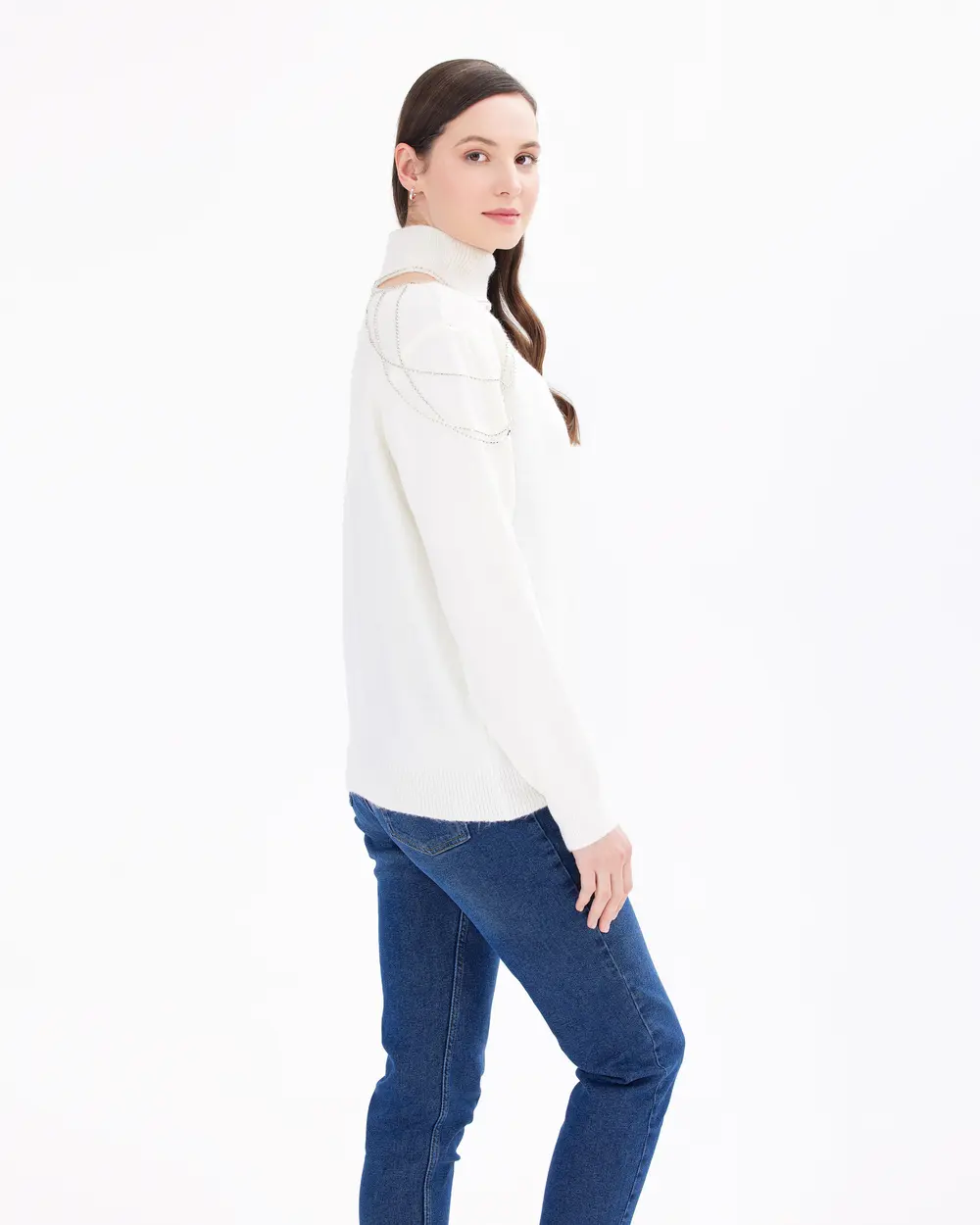 Pencere Detaylı Taşlı Dik Yakalı Triko