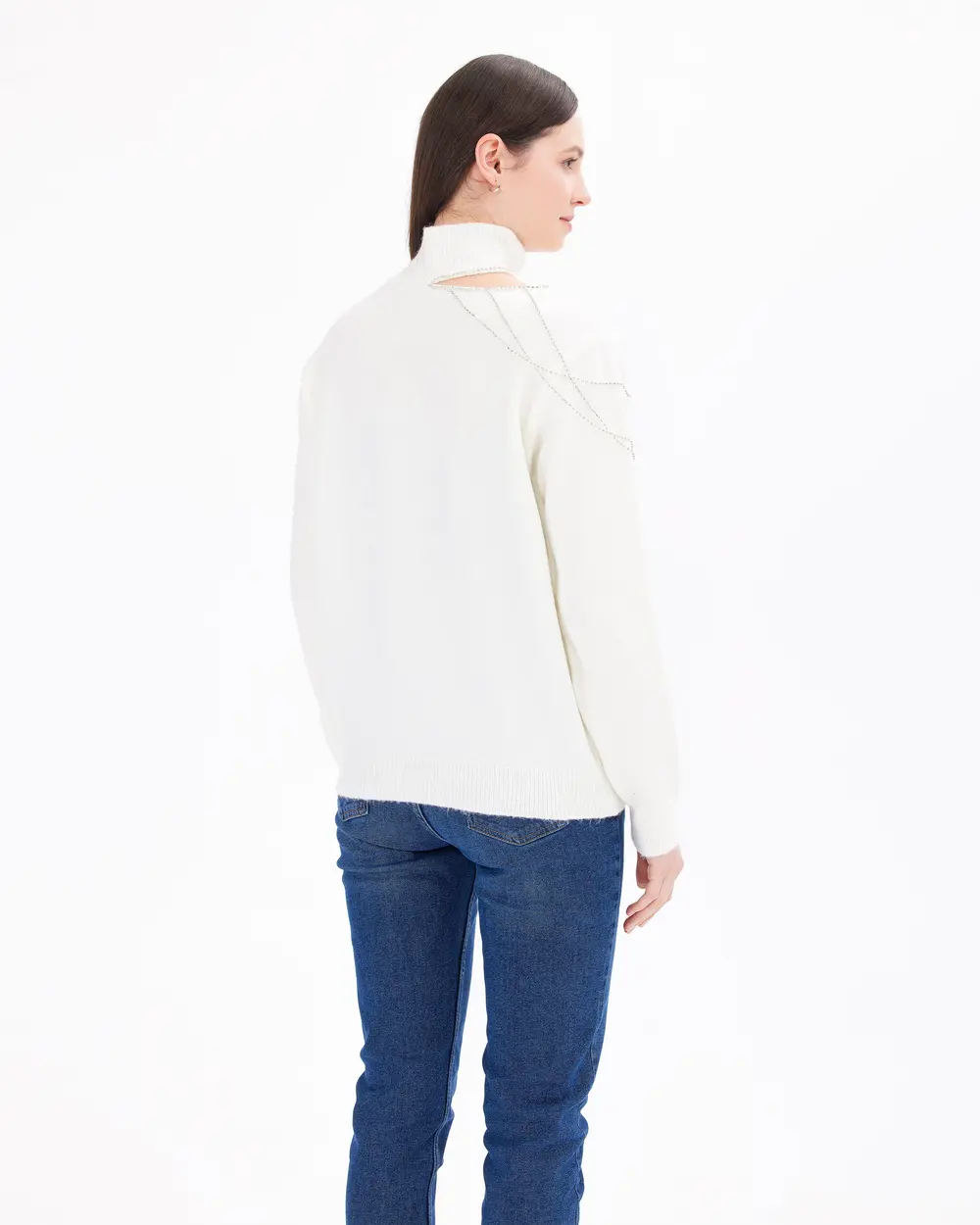 Pencere Detaylı Taşlı Dik Yakalı Triko