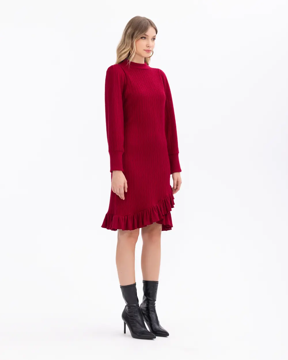 Triko Görünümlü Fırfırlı Dar Kesim Elbise