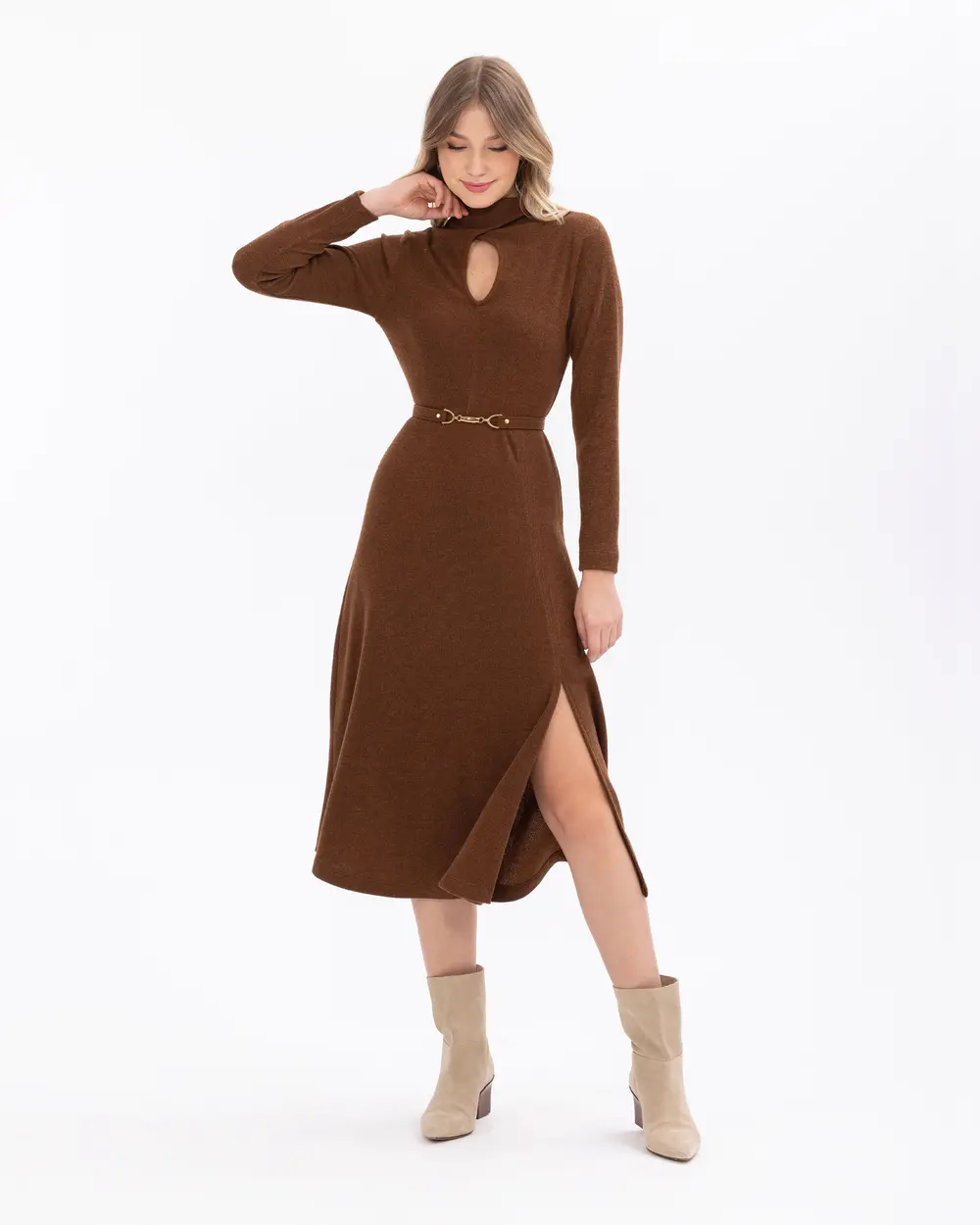 Belted Midi Knitted Dress with Window Detail