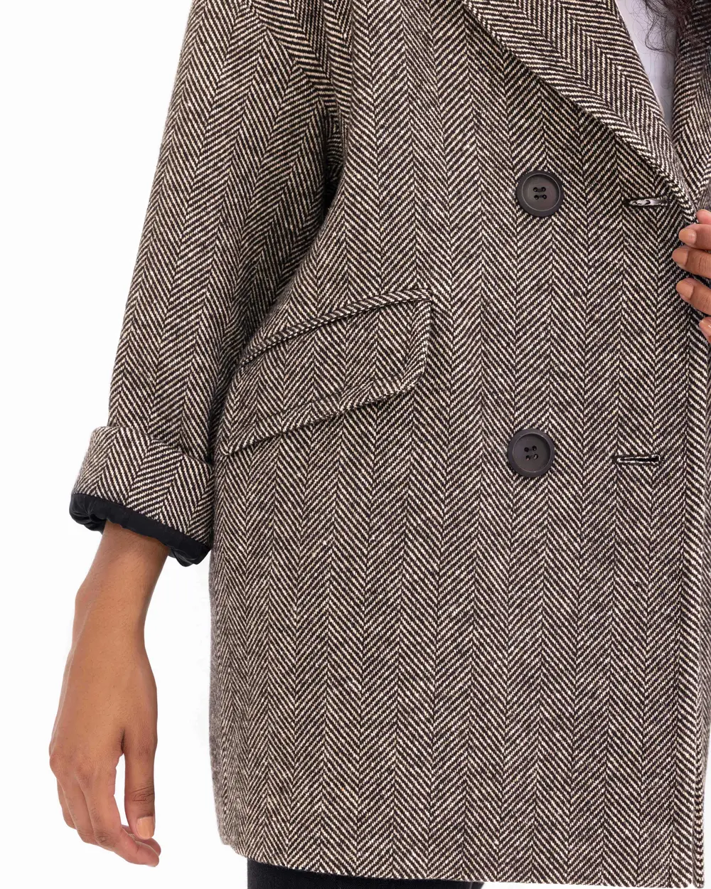 Herringbone Patterned Double Breasted Collar Pocket Coat SecilStore